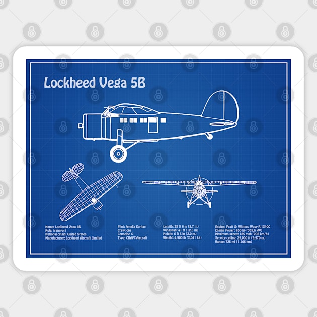 Lockheed Vega 5b of Amelia Earhart - Airplane Blueprint - AD Magnet by SPJE Illustration Photography